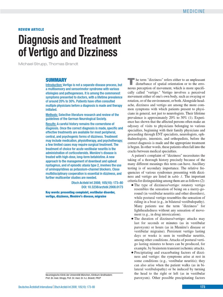 Diagnosis And Treatment Of Vertigo And Dizziness Review Article Vertigo Vestibular System