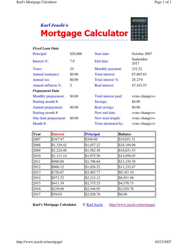 Mortgage Calculator Karl Jeacle's PDF Prepayment Of Loan