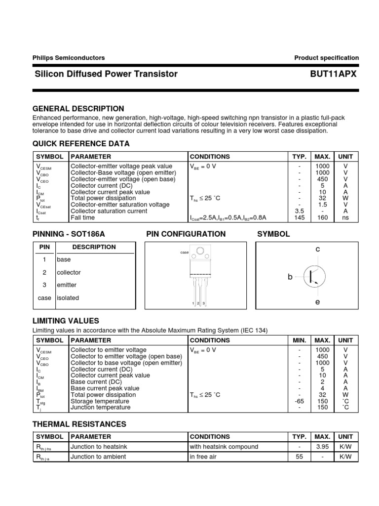 Silicon Diffused Power Transistor But11Apx: General Description | PDF ...