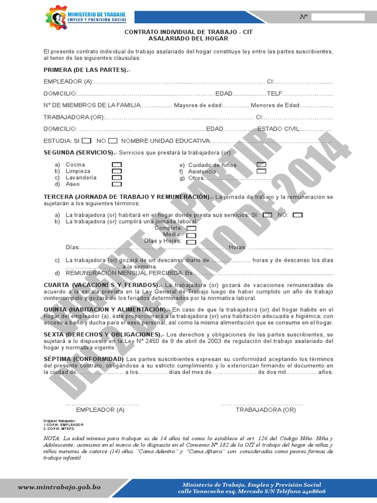 Formato Contrato Individual de Trabajo para Trabajadoras Del Hogar | PDF |  Derecho laboral | Labor