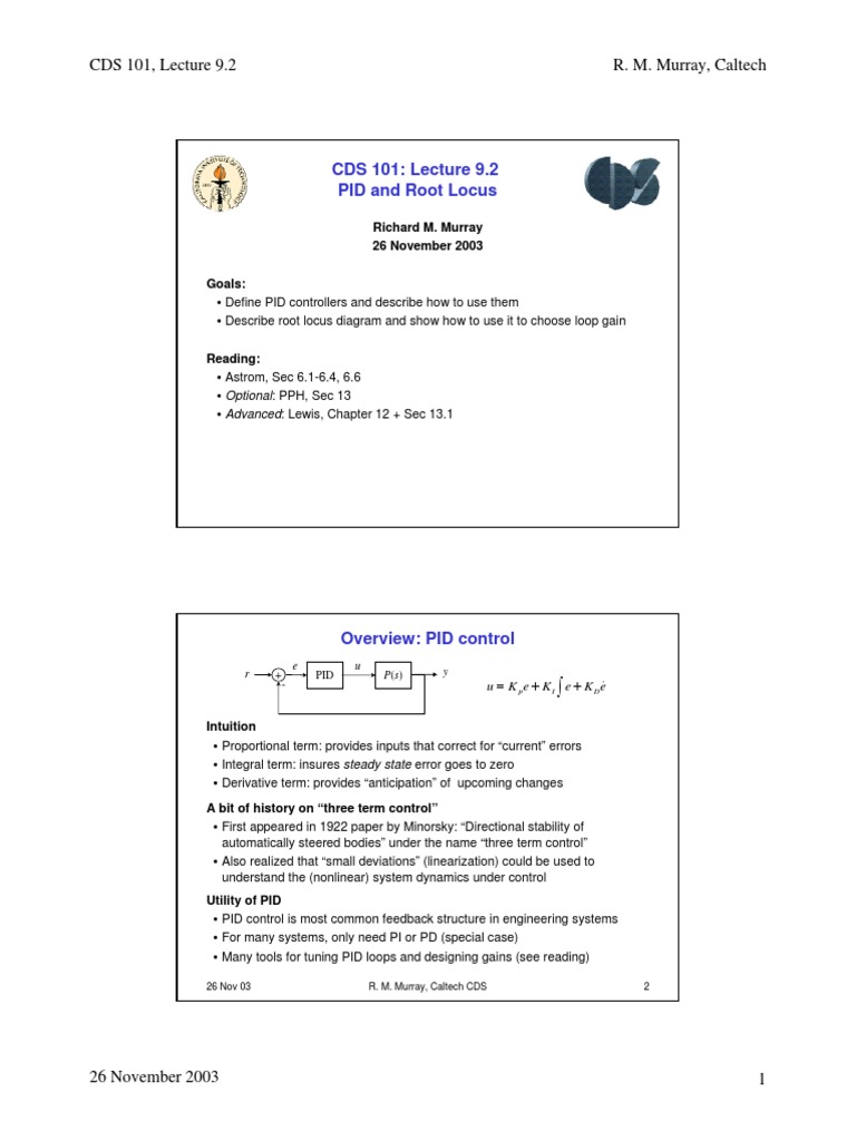 CDS 101, Lecture 9.2 R. M. Murray, Caltech | PDF | Control Theory ...