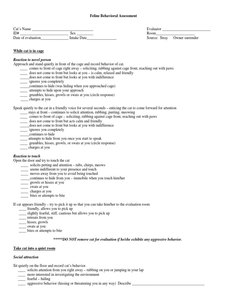 Feline Behavioral Evaluation Form Felines Cats