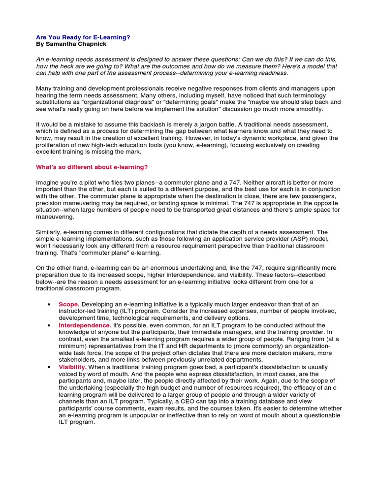 Are You Ready For Elearning Pdf Needs Assessment Educational