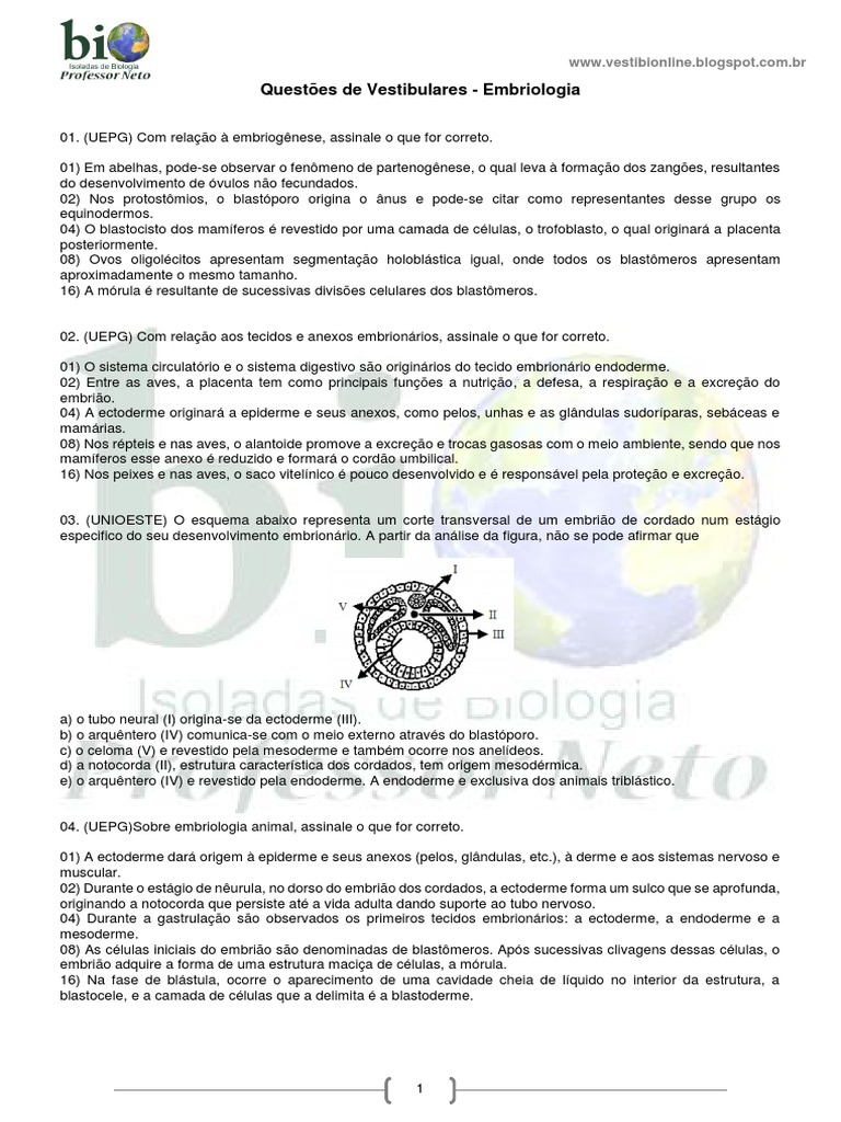 Questões de Embriologia para Vestibulares | PDF | Anatomia | Processos ...