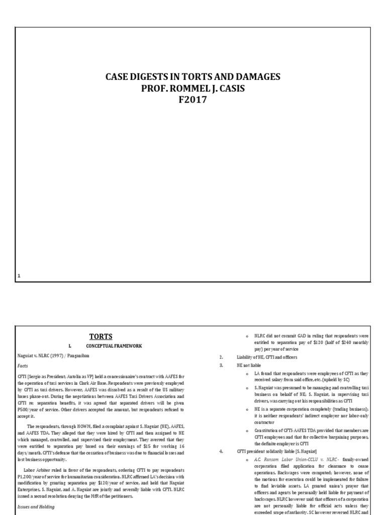 Torts and Damages Case Digest | PDF | Negligence | Tort