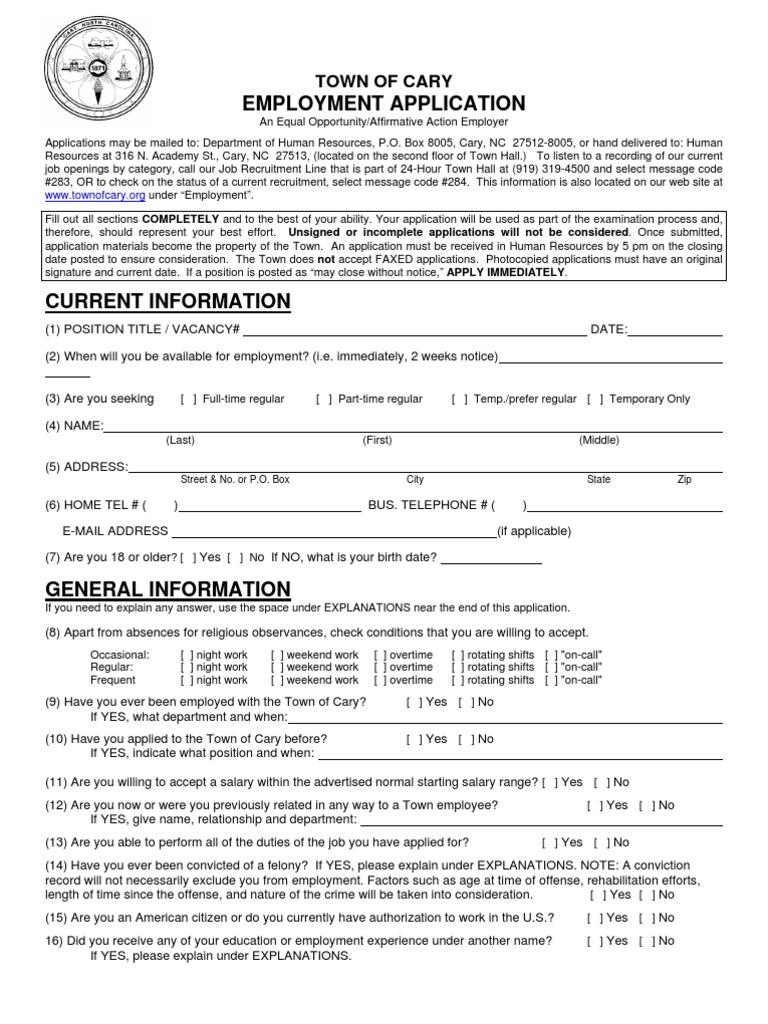 Employment Application Town of Cary PDF Race And Ethnicity In The