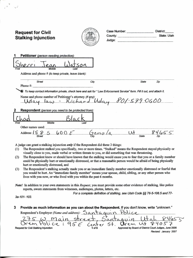 Utah Civil Stalking Injunction Request | PDF | Stalking | Justice