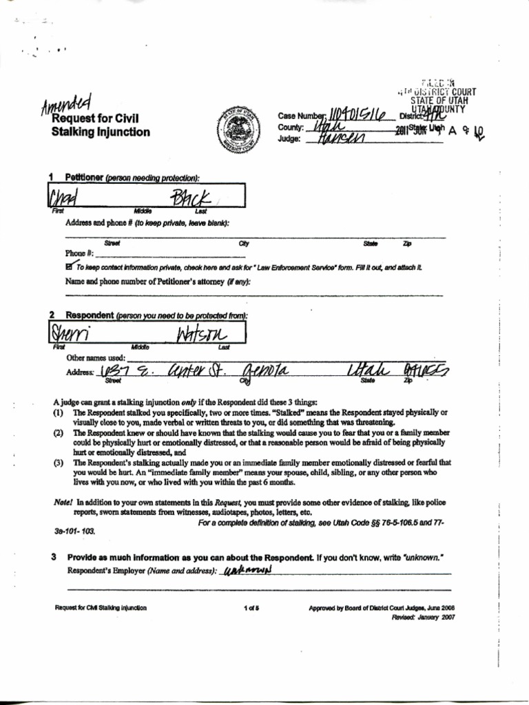 Civil Stalking Injunction Request Form | PDF | Stalking | Contempt Of Court