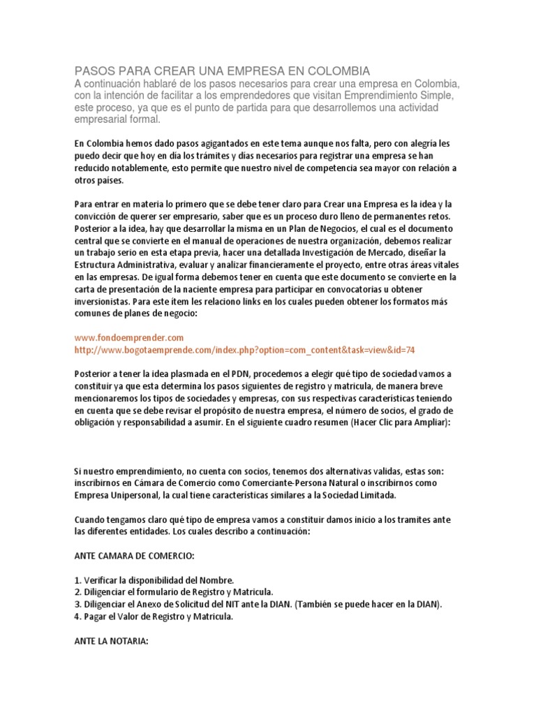 Pasos para Crear Una Empresa en Colombia | PDF | Compañía de ...