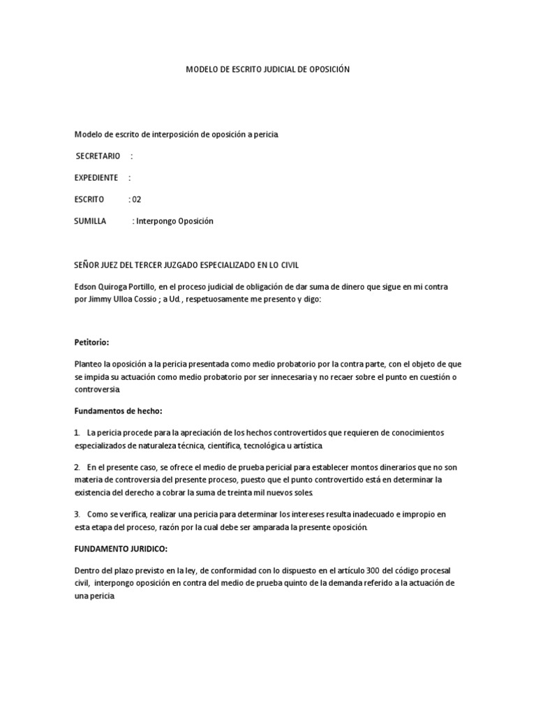 Modelo de Escrito Judicial de Oposición