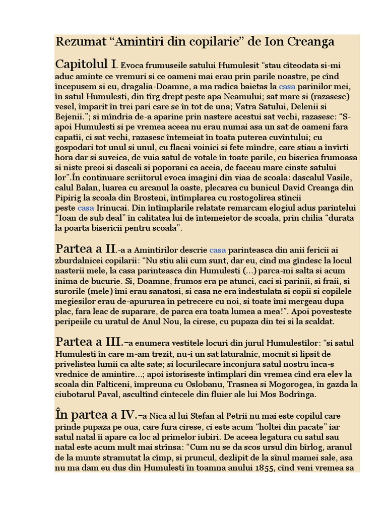 Ion Creanga Amintiri Din Copilarie Rezumat Pe Scurt Amintiri Din Copilarie | PDF