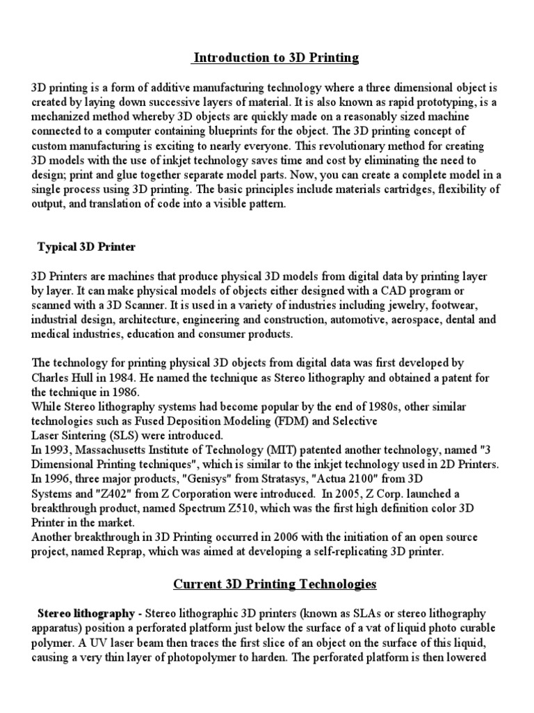 Overview of 3D Printing Technology | PDF | 3 D Printing | 3 D Modeling