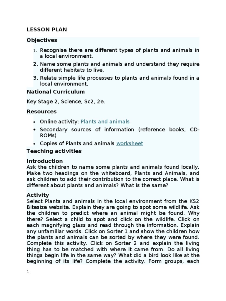 Lesson Plan Objectives Plants and Animals PDF Pond Habitat