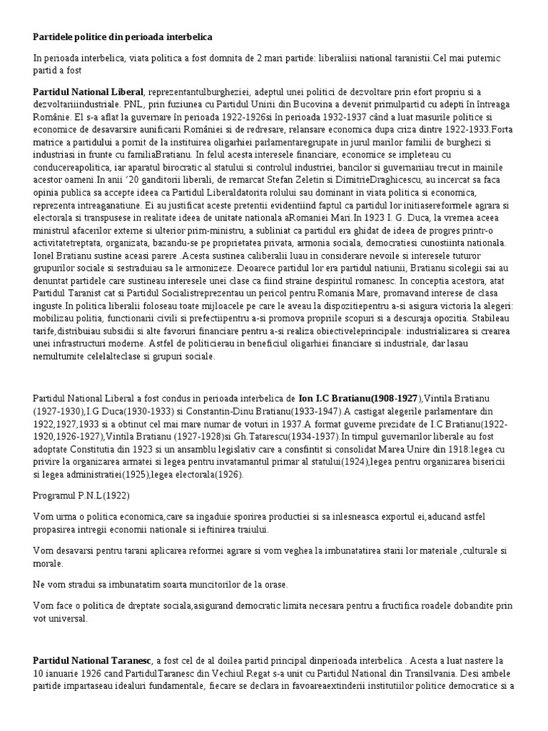 Partidele Politice Din Perioada Interbelica | PDF