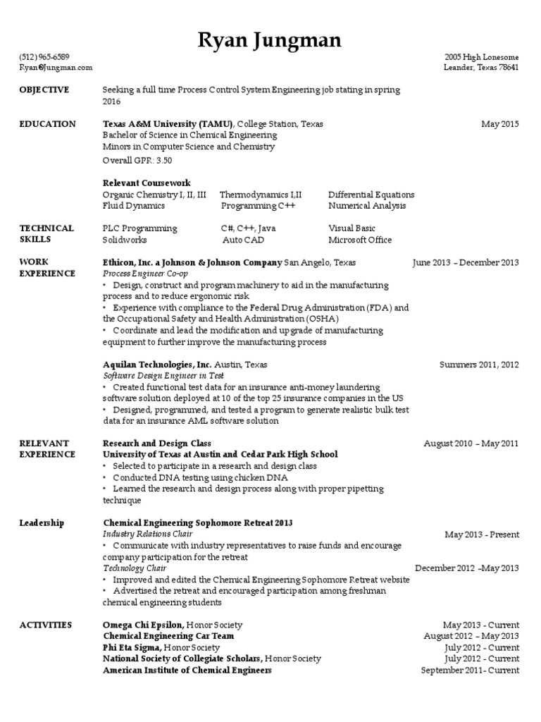 resume University Of Texas At Austin Chemical Engineering