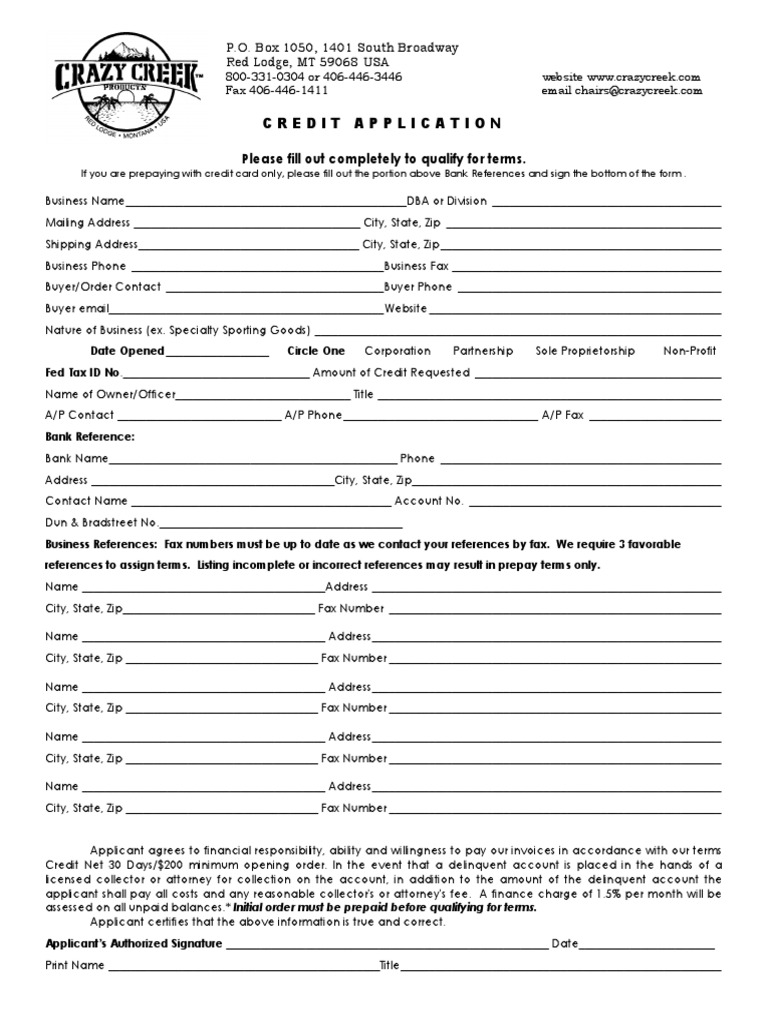 Crazy Creek Dealer Application PDF