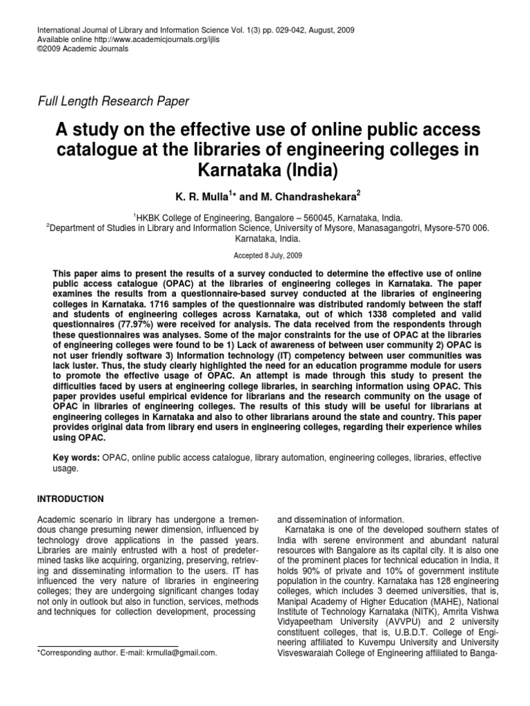 OPAC Usage in Karnataka Engineering Libraries | PDF | Librarian | Libraries