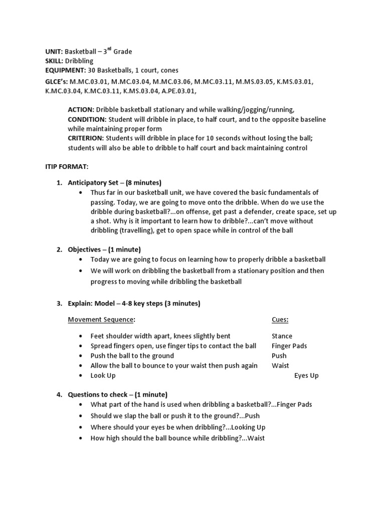 elementary lesson plan - basketball dribble | Leisure | Games Of ...