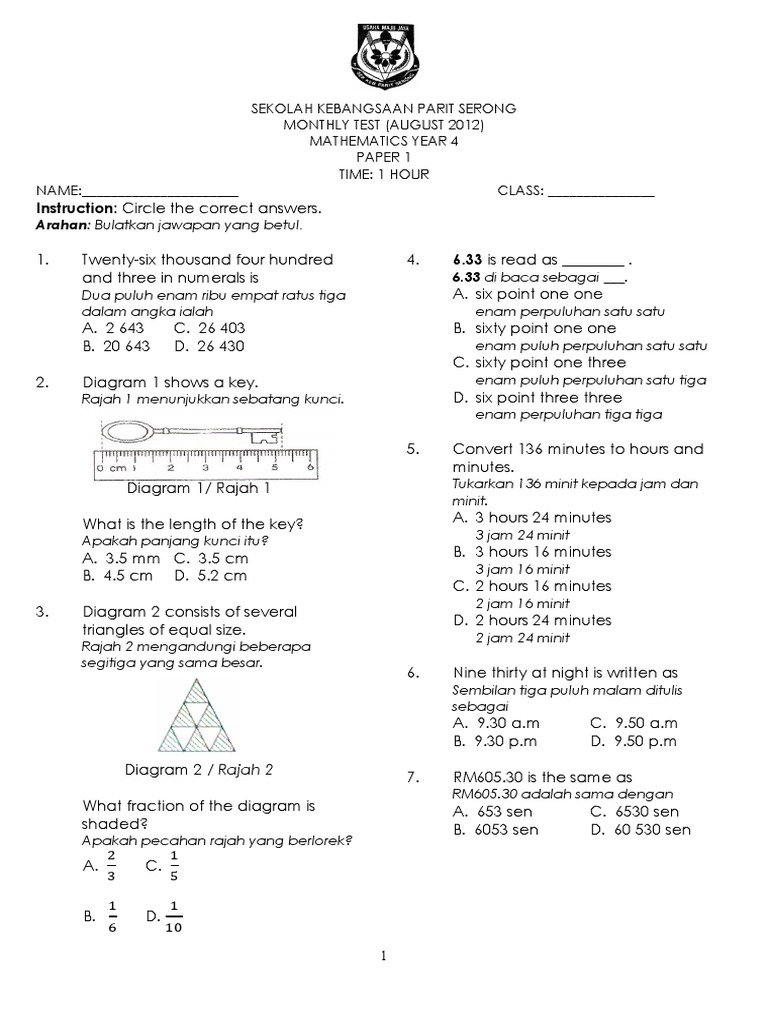 Ujian Matematik Tahun 4