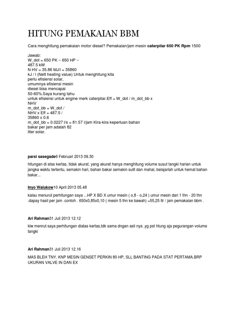 Rumus Pemakaian BBM Mesin Diesel | PDF