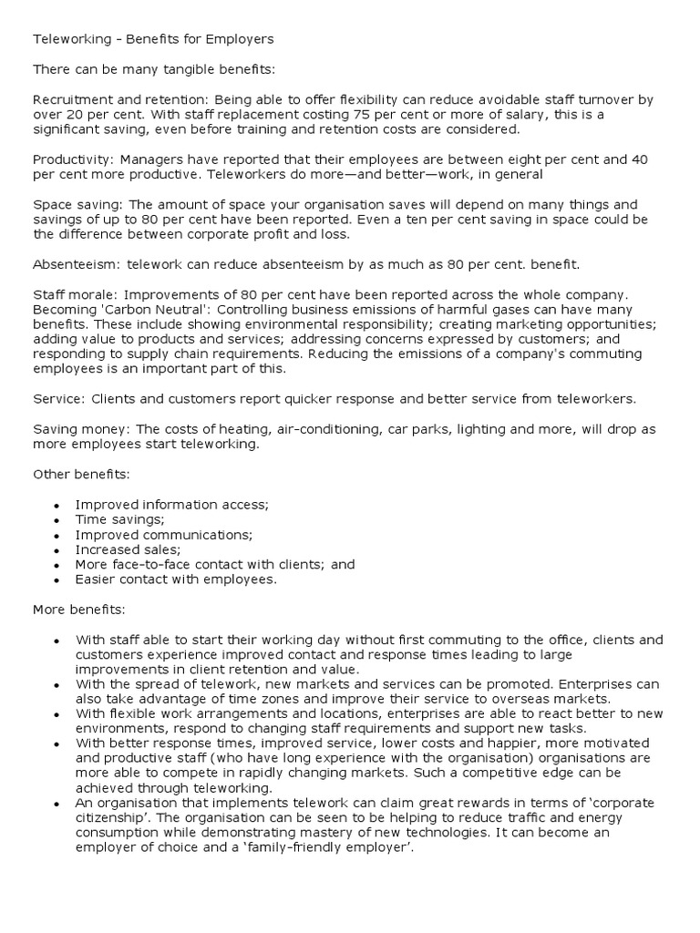 Teleworking Benefits For Employees PDF Employee