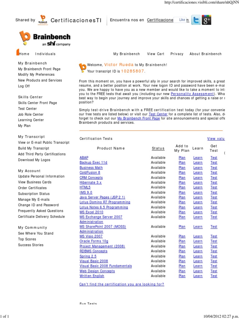 Brainbench Skills and Certification Hub | PDF | Ibm Notes | Email