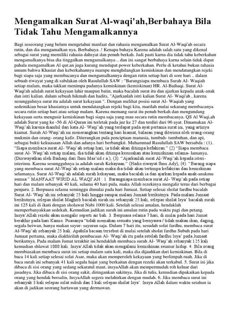 Manfaat Membaca Surat Al Waqiah Setiap Hari - Contoh Seputar Surat
