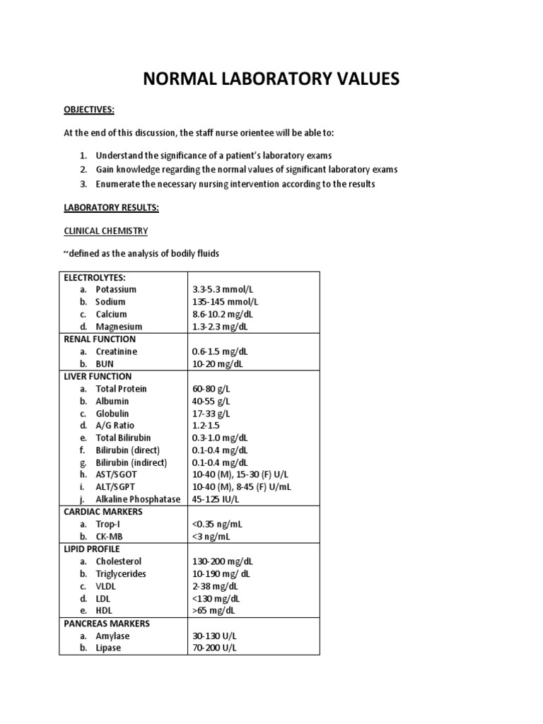 Normal Laboratory Values | PDF