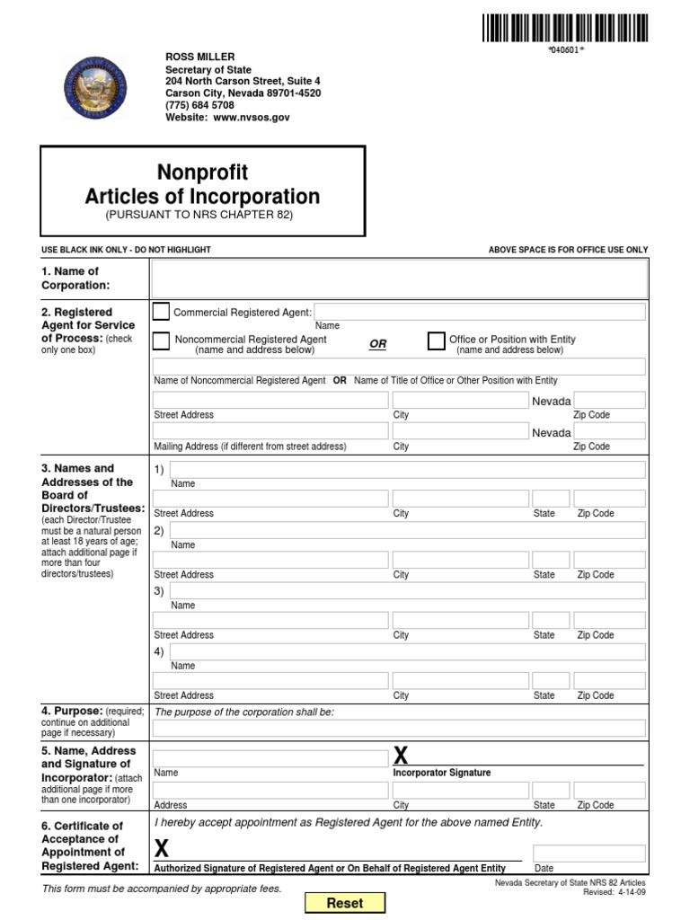 Nevada Nonprofit Sample Articles of Incorporation