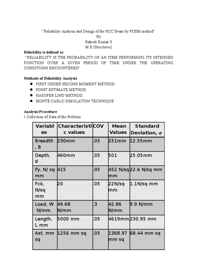FOSM Reliability Analysis of RCC Beams | PDF | Reliability Engineering ...