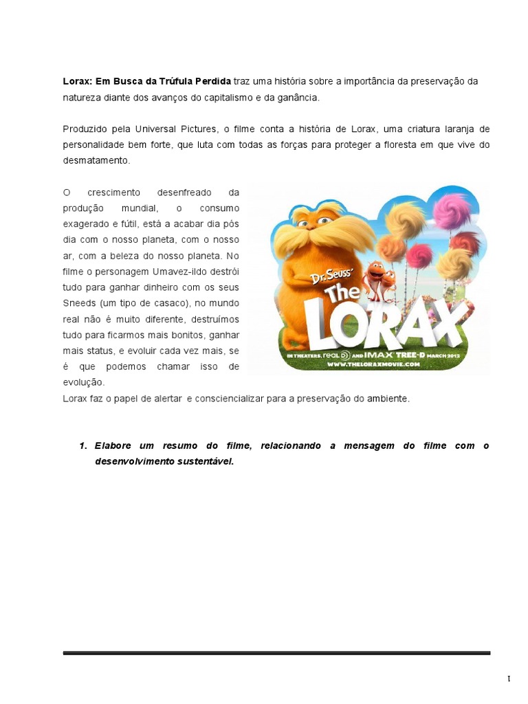 Resumo do Filme Lorax e Sustentabilidade | PDF