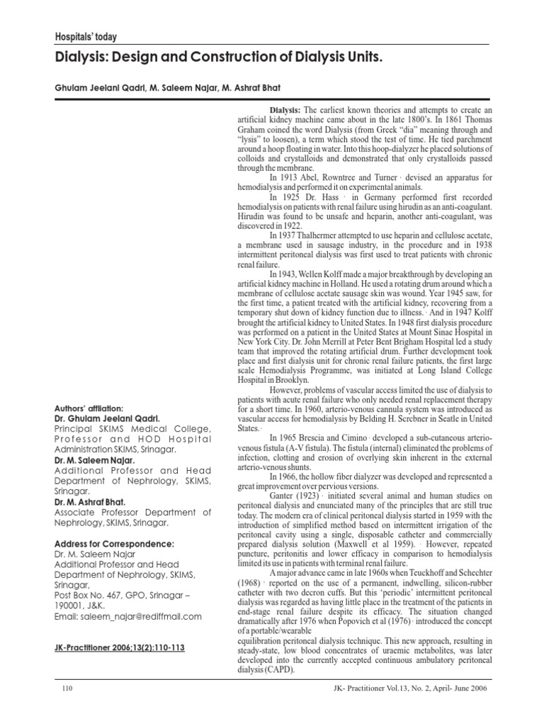 Design and Construction of Dialysis Units Dialysis Hemodialysis