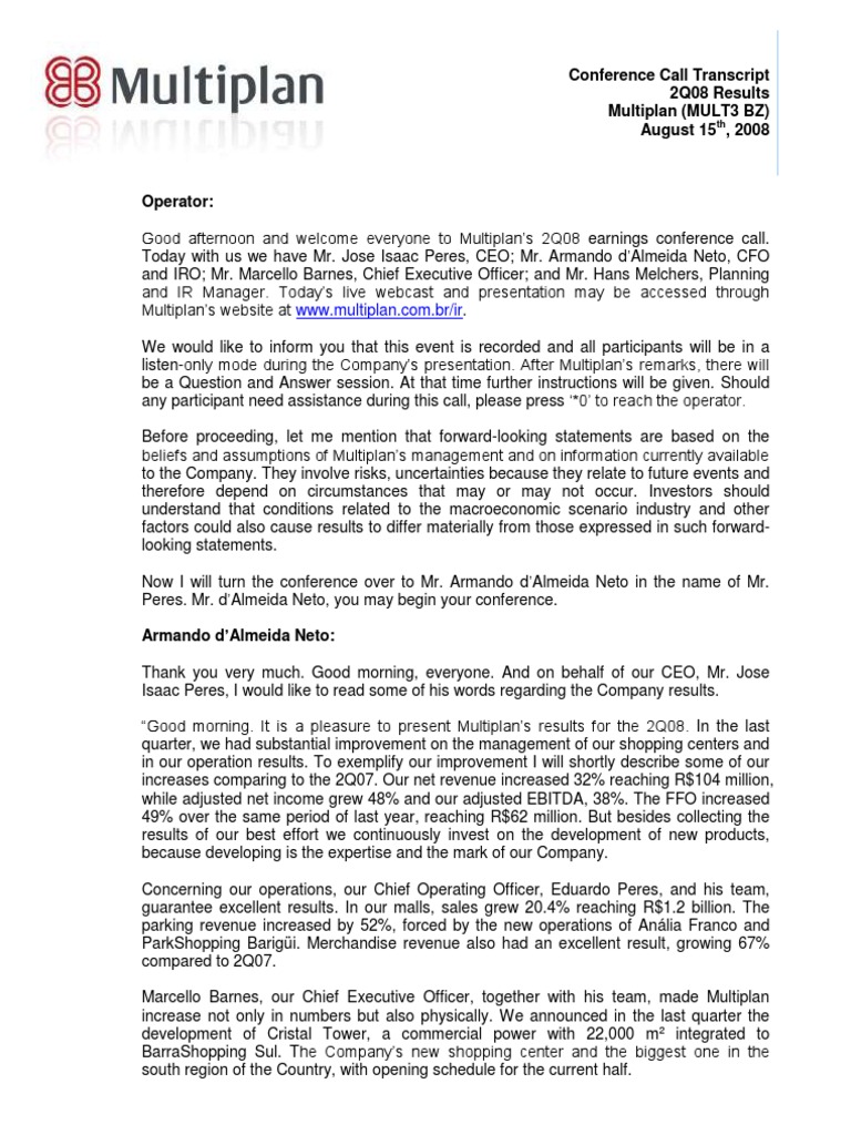 Multiplan's 2Q08 Earnings Overview | PDF | Business