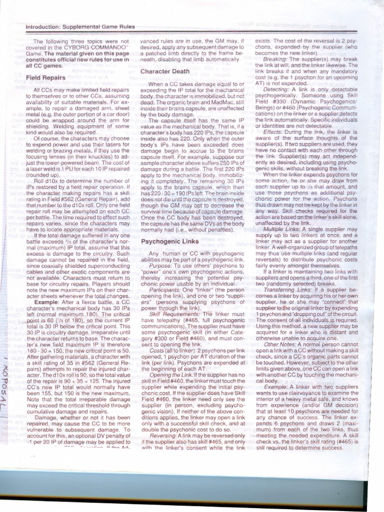 CYBORG COMMANDO RPG-Supplemental Rules and Errata | PDF