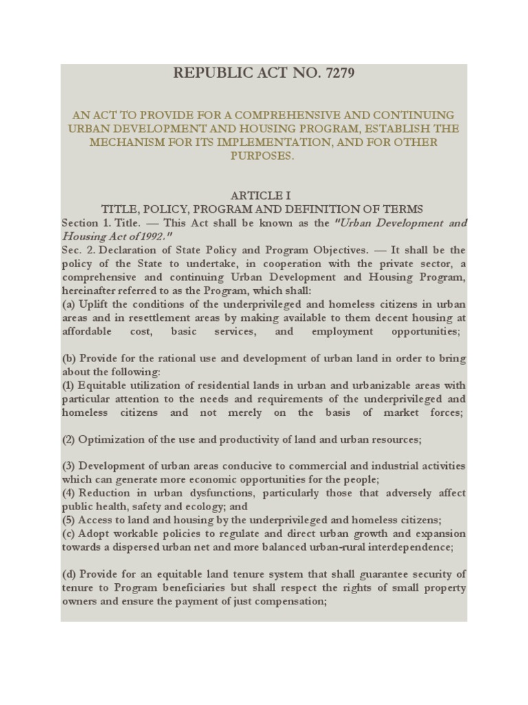 Republic Act No 7279 (Lina Law) PDF Squatting Public Housing