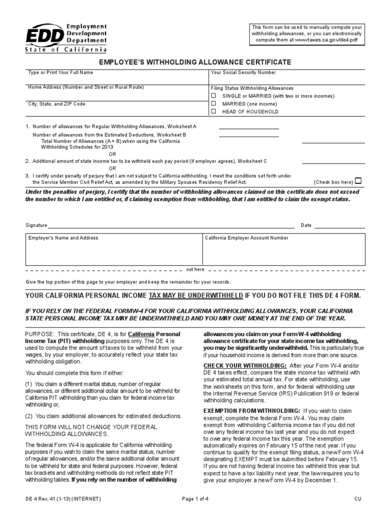 Worksheet Illinois Withholding Allowance Worksheet ca de 4 withholding tax