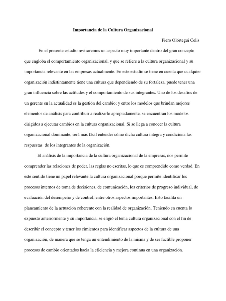 Importancia de la Cultura Organizacional | PDF | Cultura organizacional ...