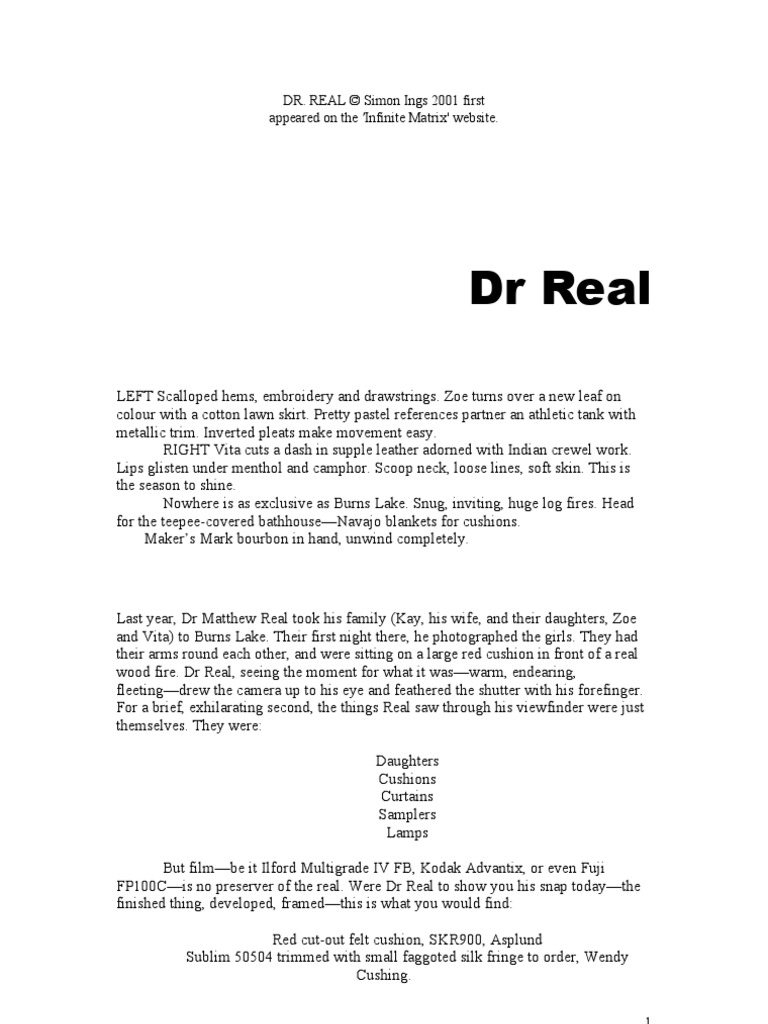 DR. REAL © Simon Ings 2001 First Appeared on The PDF Nature