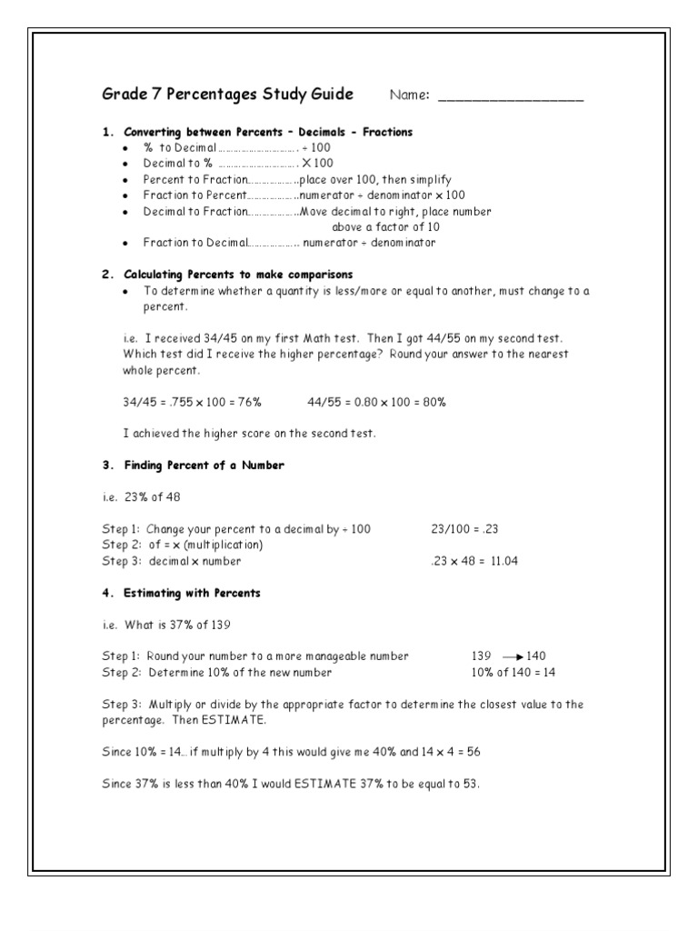 grade 7 percentages study guide pdf fraction mathematics percentage