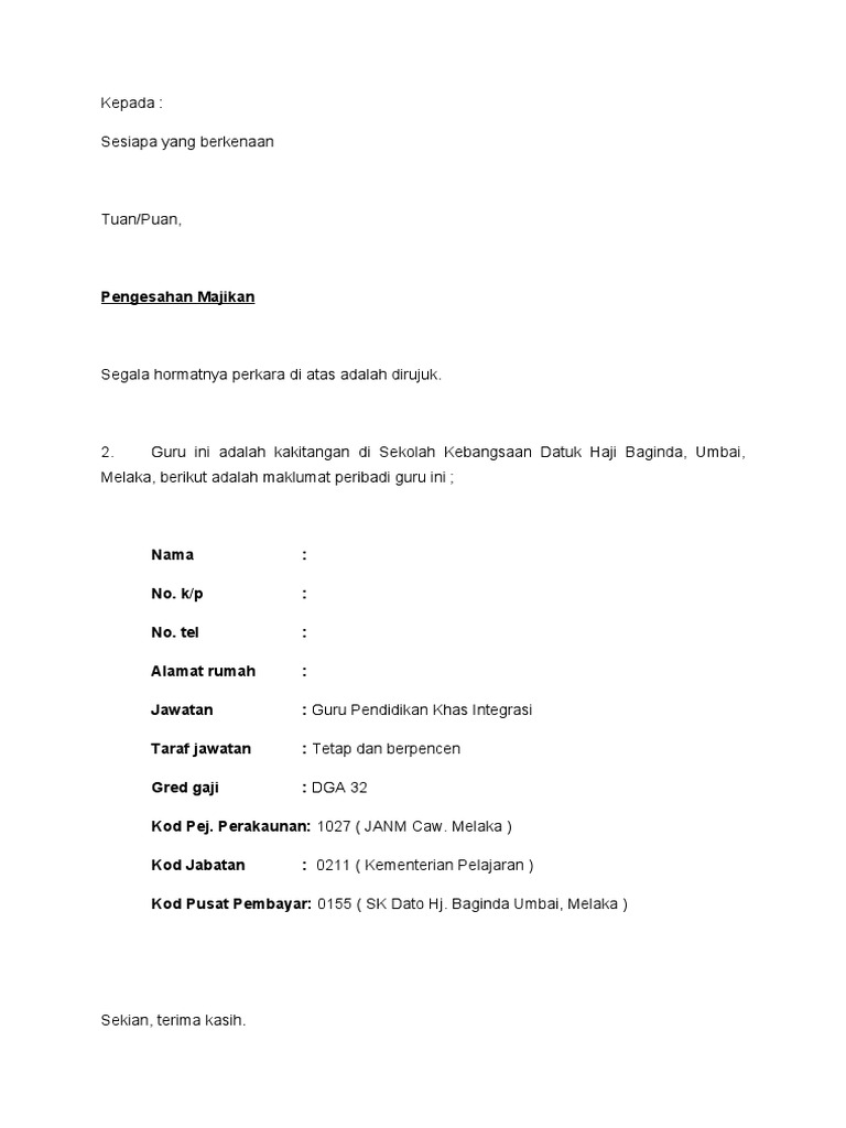 Contoh Surat Pengesahan Majikan
