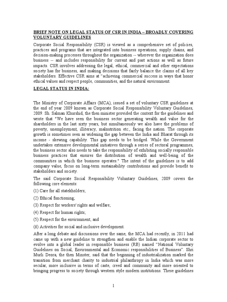 Short Note on Legal Status of CSR in India Corporate Social