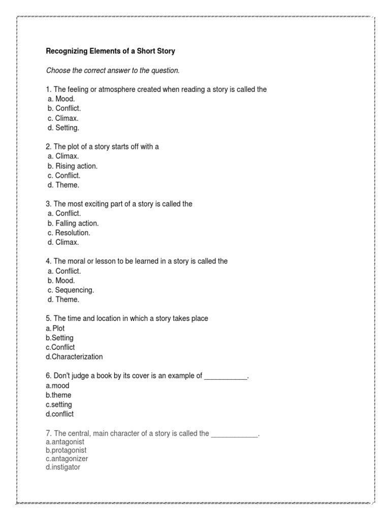 Recognizing Elements Of A Short Story PDF Teaching And Learning