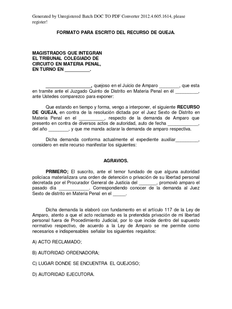 Formato de Recurso de Queja en Amparo | PDF | Derecho penal | Demanda ...