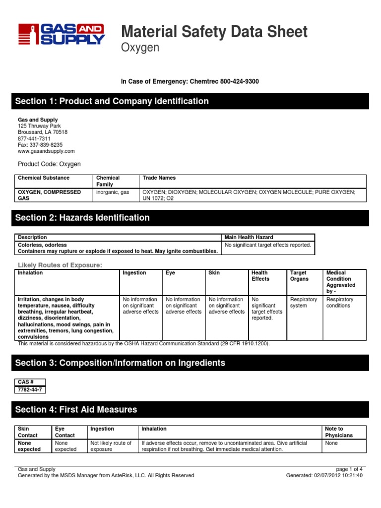 Material Safety Data Sheet Oxygen PDF Flammability Oxygen