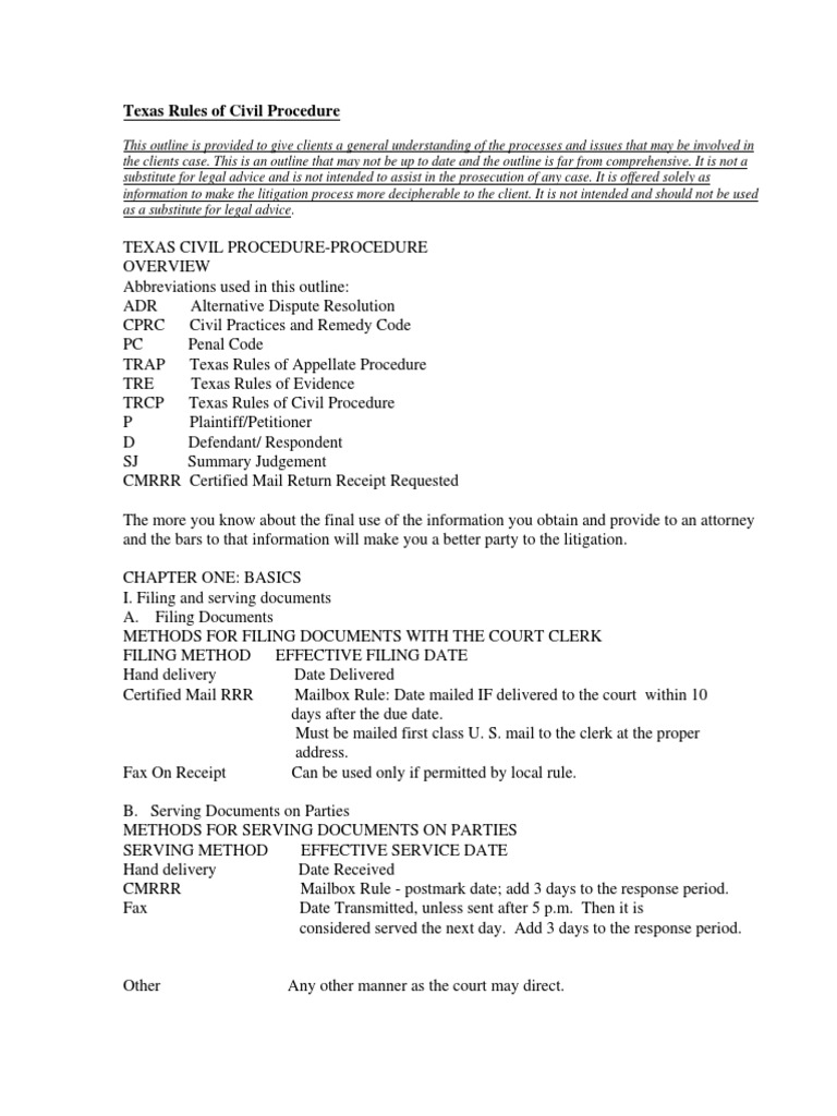 Texas Civil Procedure Overview Guide | PDF | Service Of Process | Lawsuit