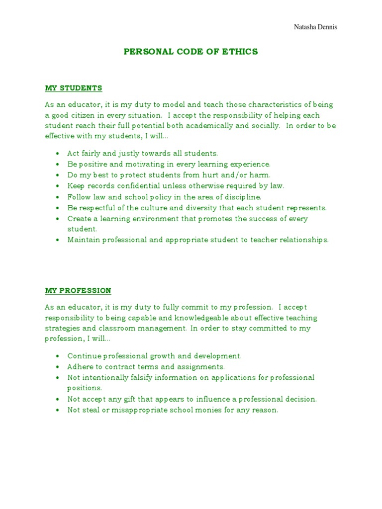 Personal Code Of Ethics Pdf Teachers Communication
