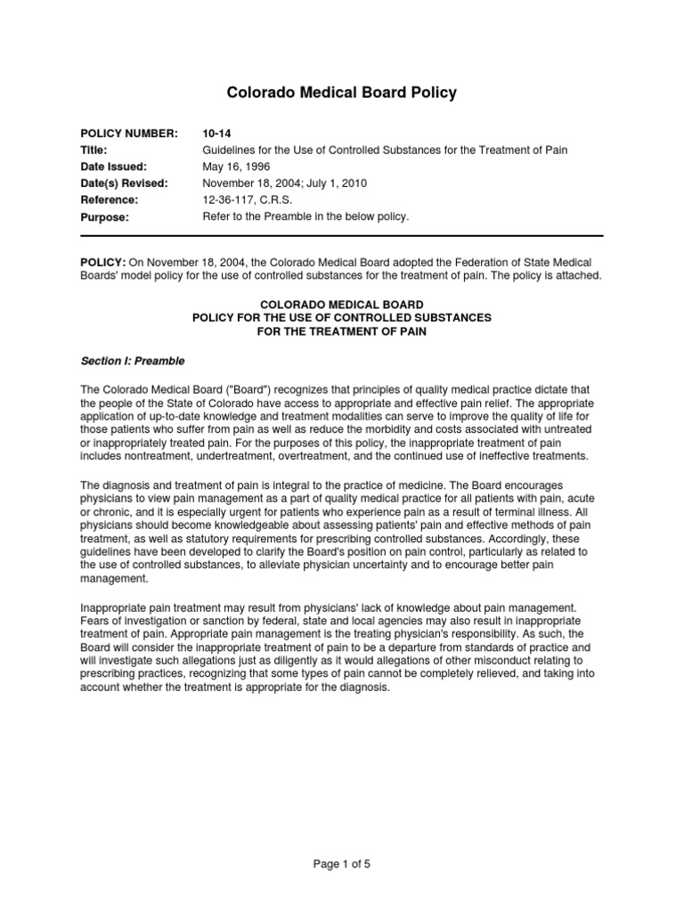 Colorado Medical Board Policy Guidelines For The Use of Controlled ...