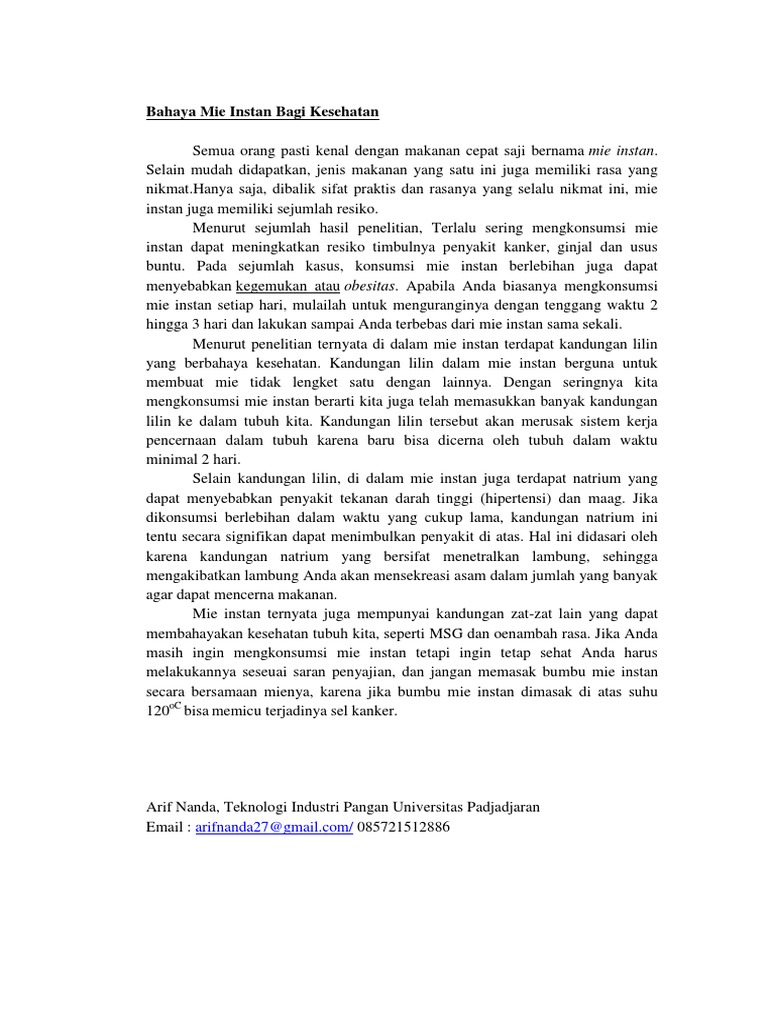 Artikel Ilmiah Populer Bahaya Mie Instan Bagi Kesehatan