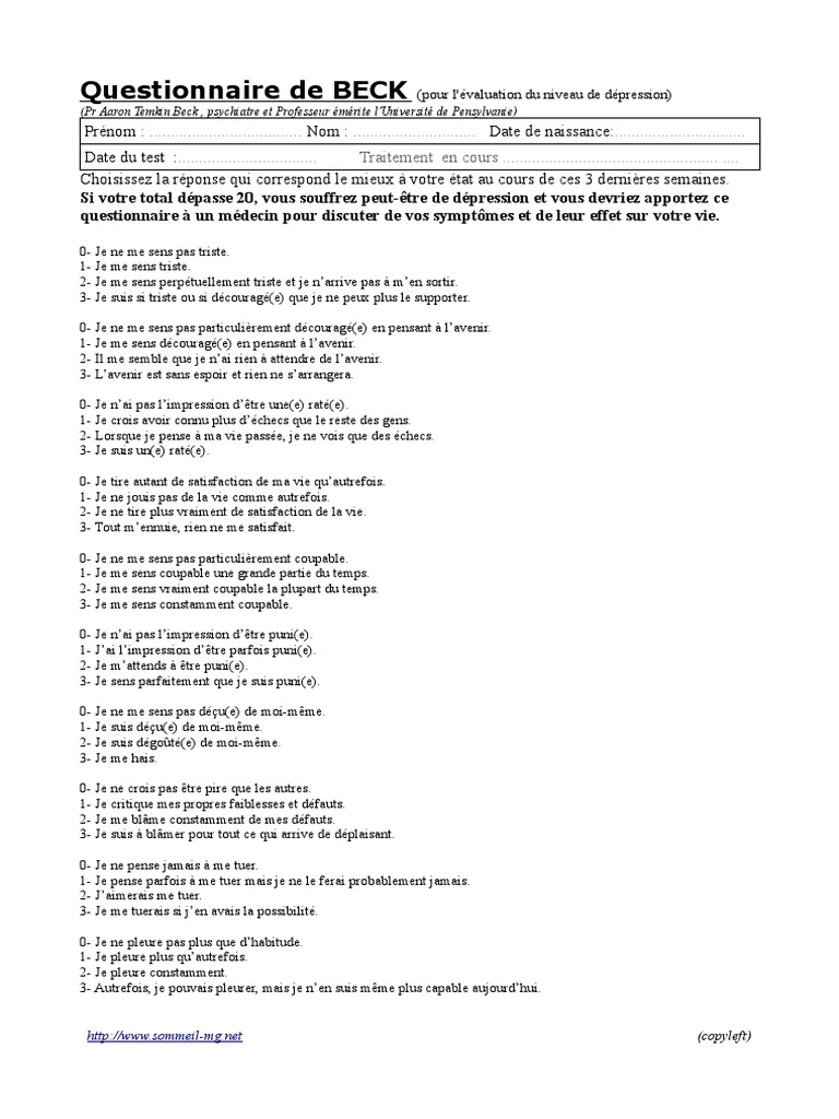Questionnaire d'évaluation de Beck | PDF | Bien-être | Médical