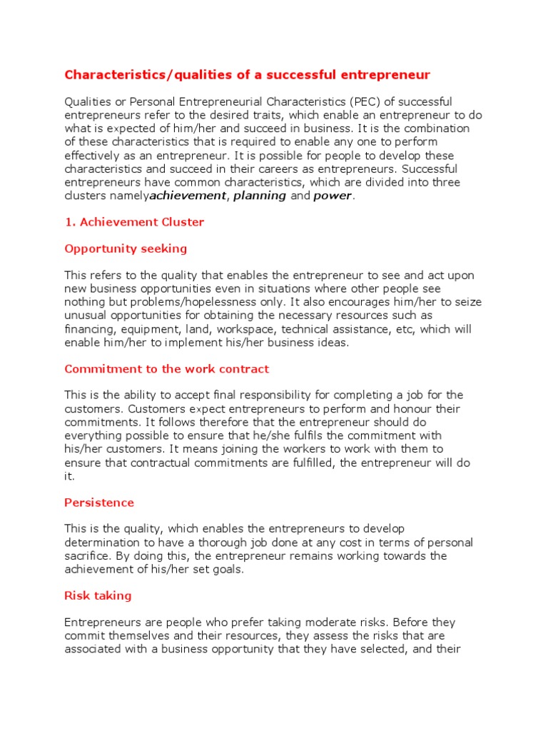Characteristics/qualities of A Successful Entrepreneur: 1. Achievement ...
